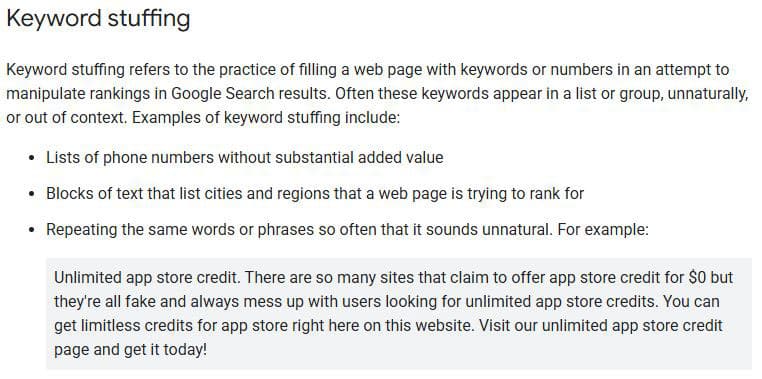 image of Google's warning about keyword stuffing hurting your website