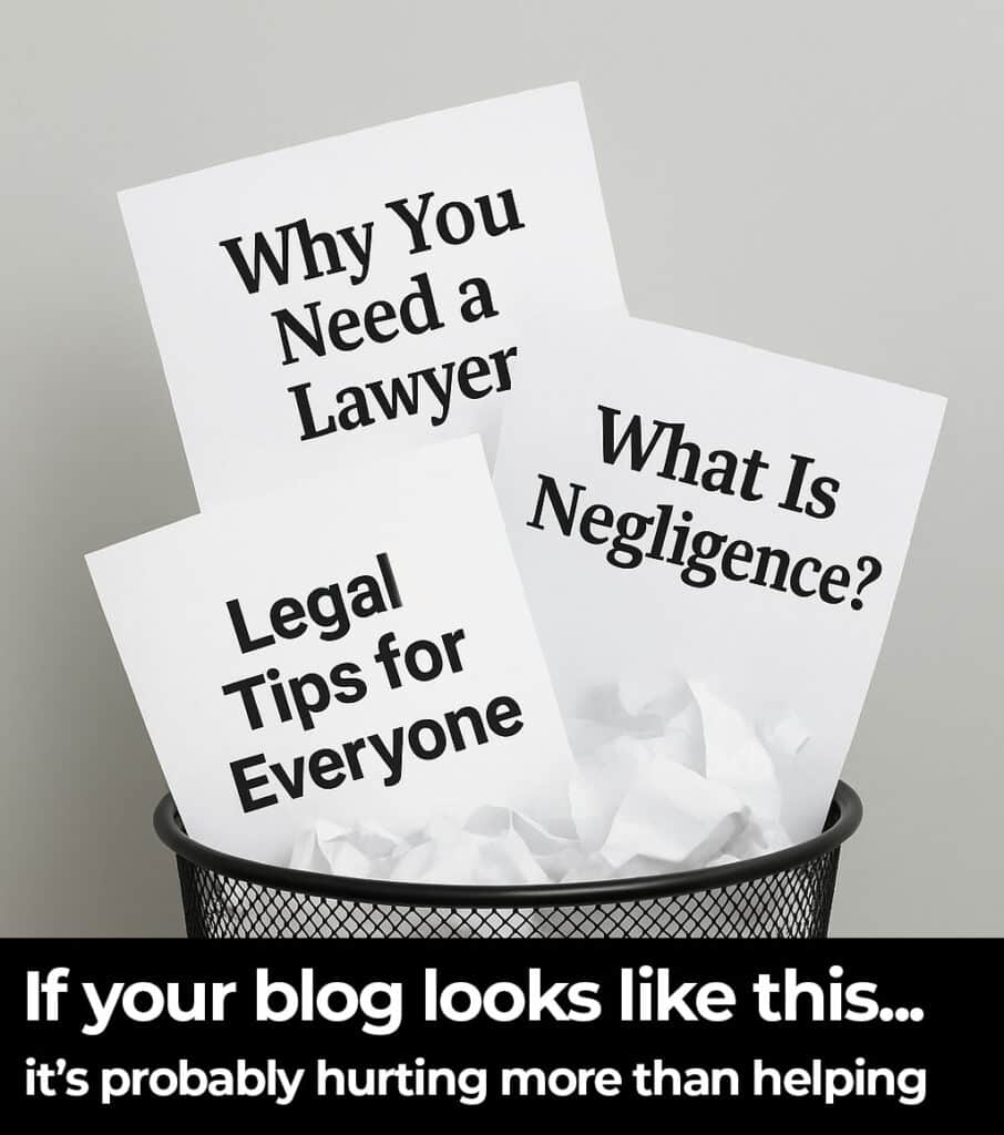 Trash can filled with printed blog titles like “Why You Need a Lawyer,” “What Is Negligence,” and “Legal Tips for Everyone,” symbolizing ineffective legal blog content.