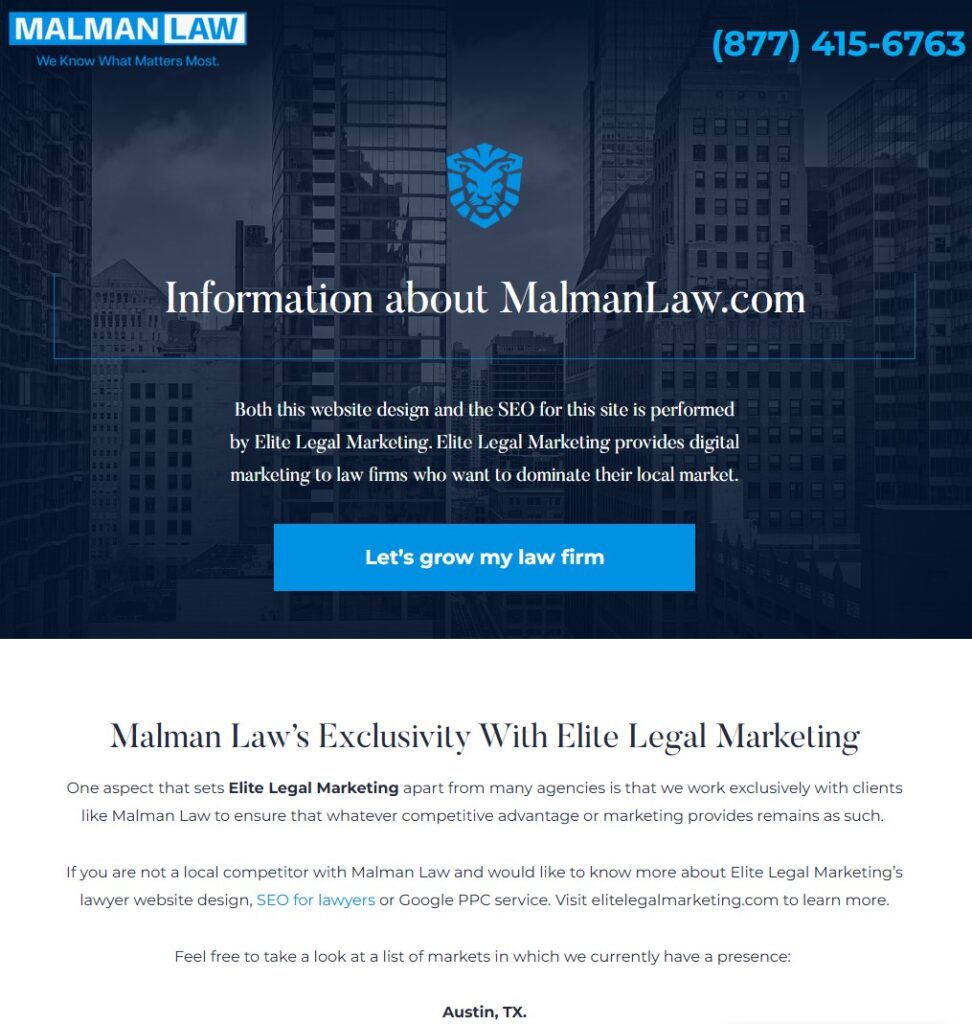 Page built by Elite Marketing on Malman Law's website with the purpose to funnel link juice back to Elite Marketing and their other clients websites