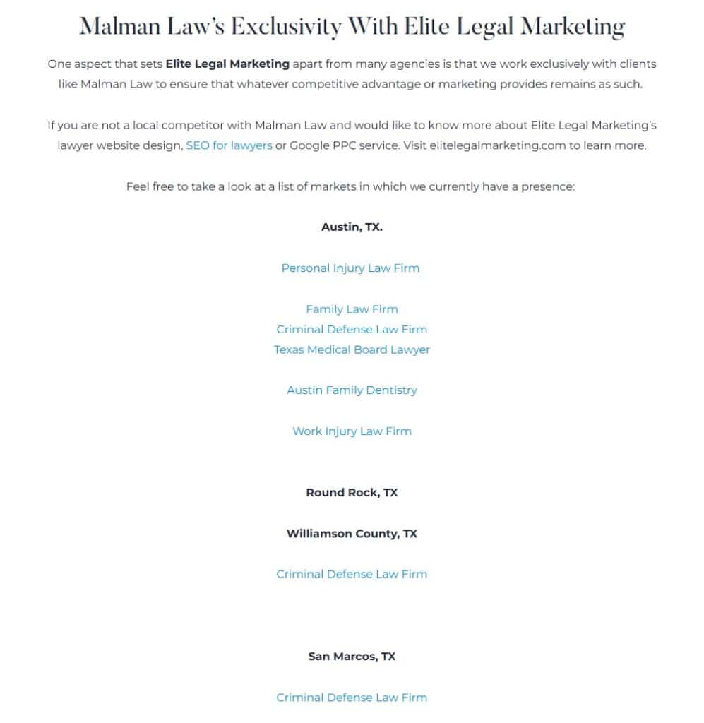 Page built by Elite Marketing on Malman Law's website with the purpose to funnel link juice back to Elite Marketing and their other clients websites